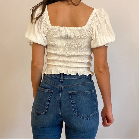 White Textured Smocked Top With Puff Sleeves - Picture 4 of 6